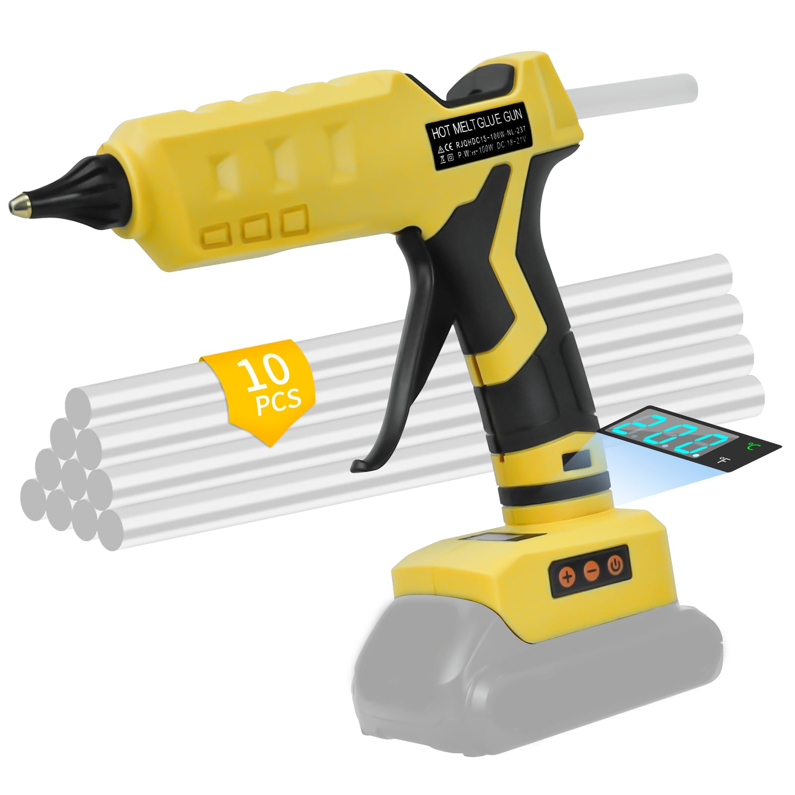 Pistola de pegamento caliente inalámbrica para batería Dewalt de 20 V, pistola de pegamento inalámbrica digital LED de 100 W con 10 barras de pegamento, pistola de pegamento resistente de mano para