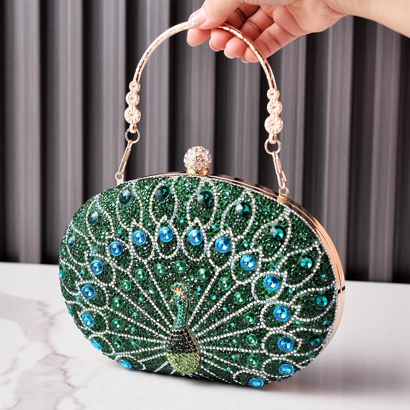 Women Peacock Evening Clutch Purse Rhinestones Beaded Evening Bag Kiss Lock for Cocktail Wedding Prom Party (A-peacock)