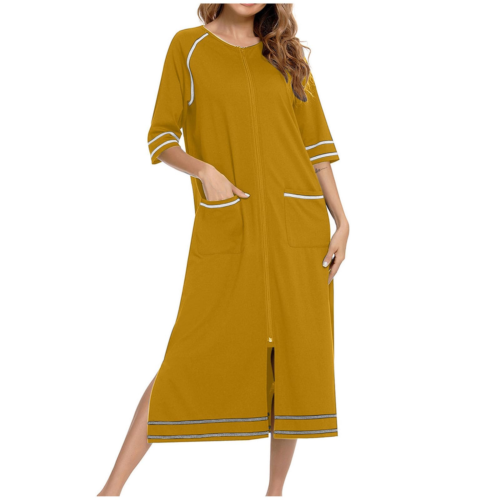 Smxrfitk Women's Long Robe Casual Striped Color Block 3/4 Sleeve Round Neck Bathrobe Classic Comfy Zipper Maxi Nightgown 2024
