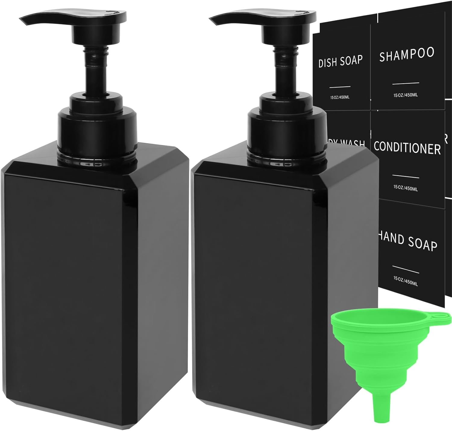 Black Soap Dispenser with Waterproof Labels, Thickened Plastic Hand Soap Dispenser for Bathroom, Kitchen Dish Washing Liquid Bottles, Shampoo and Conditioner Bottles with Funnel (15oz 2Pack Black) Black Soap Dispenser with Waterproof Labels, Thickened Plastic Hand Soap Dispenser for Bathroom, Kitchen Dish Washing Liquid Bottles, Shampoo and Conditioner Bottles with Funnel (15oz 2Pack Black)