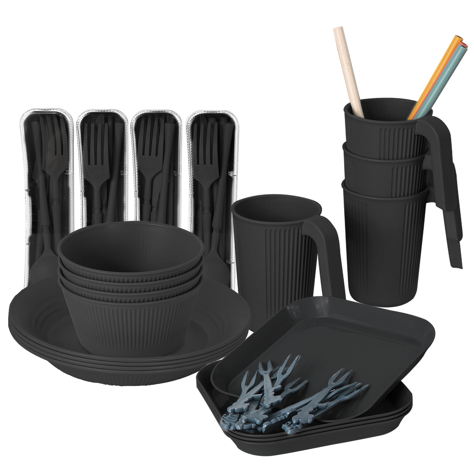 Sour Lemon 52 Pieces Plastic Dinnerware Set, Unbreakable Tableware Sets, Plastic Plates and Bowls Set, Lightweight Black Plastic Camping Plates, Bowls, Cups,Cutlery Set, Straw, Forks
