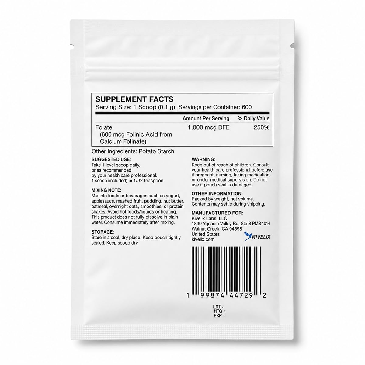 Folinic Acid Powder 60 g | 600 Servings | 600 mcg (0.6 mg) Folinic Acid Per Serving | 1/32 TSP Serving Scoop Included | Calcium Folinate Folate Supplement | Bioactive Vitamin B9 | Unflavored — Amazon image 3
