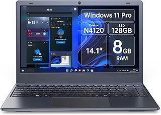 Windows 11 Laptop, 14'' Mini Laptop Computer Quad-Core Intel Celeron N4120, 8 GB RAM 128GB SSD(2TB SSD Expansion), Notebook PC with Dual WiFi for Home School Office