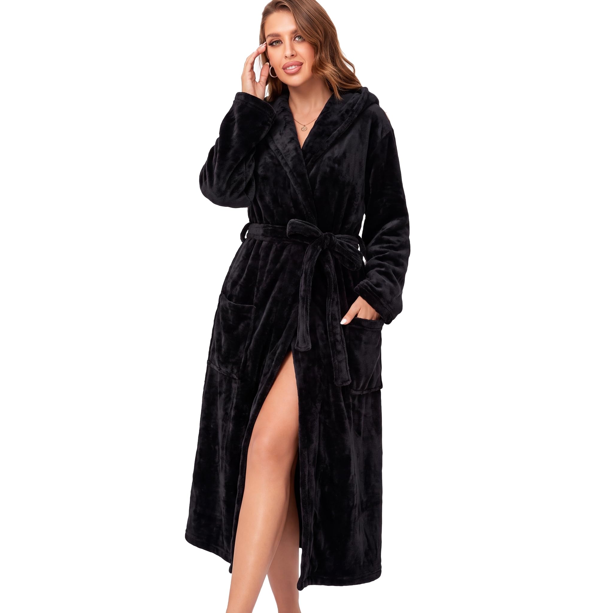 RONGTAI Langer Damen-Bademantel aus Plüsch-Fleece, dick, mit Kapuze, mit Taschen, flauschige Nachtwäsche für Herren