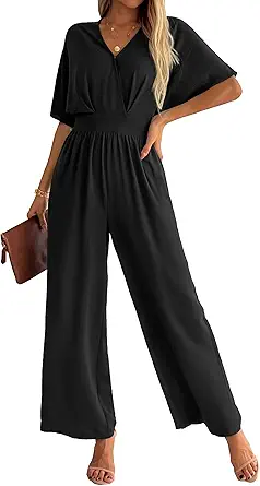 LOOKBOHO Women&#39;s One Piece Jumpsuits Dressy Casual V-Neck Batwing Short Sleeve Wide Leg Elegant Ladies Jumpsuit Rompers