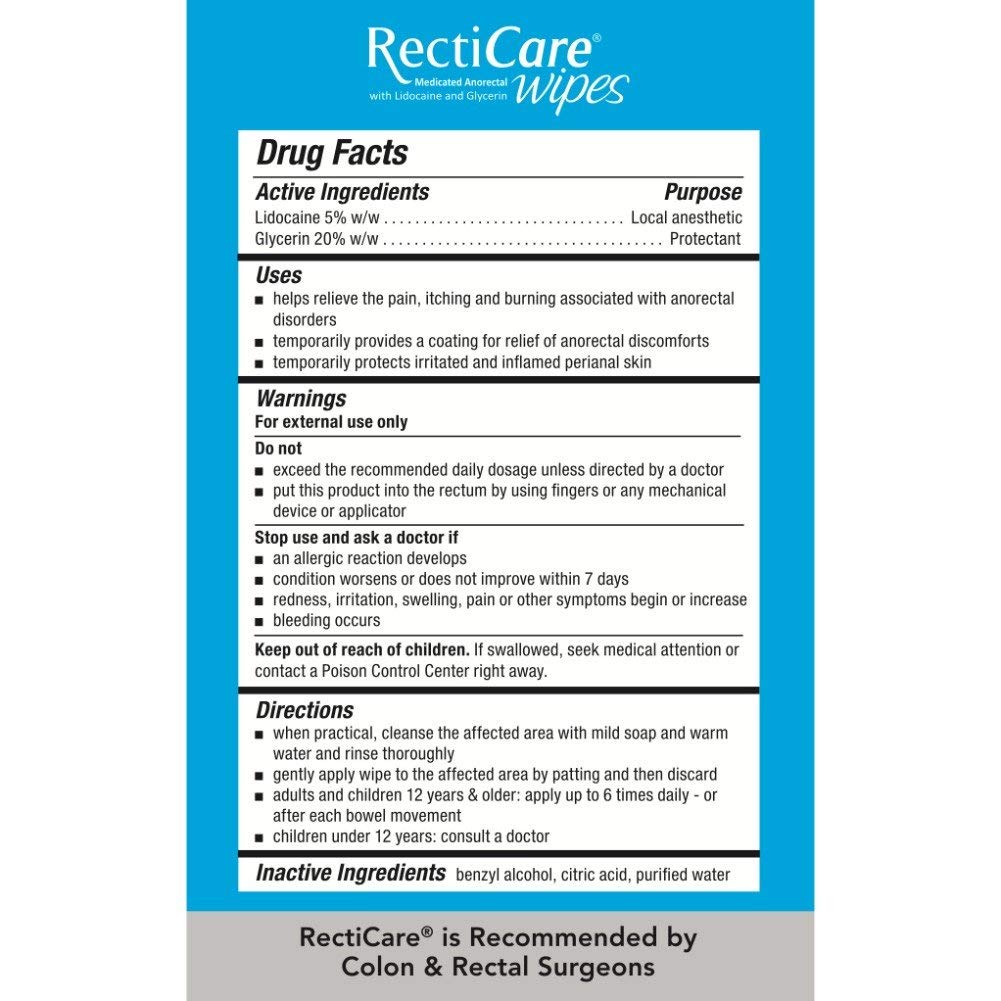 Recticare Medicated Anorectal Wipes - 5% Lidocaine and Glycerin - 12 Pack
