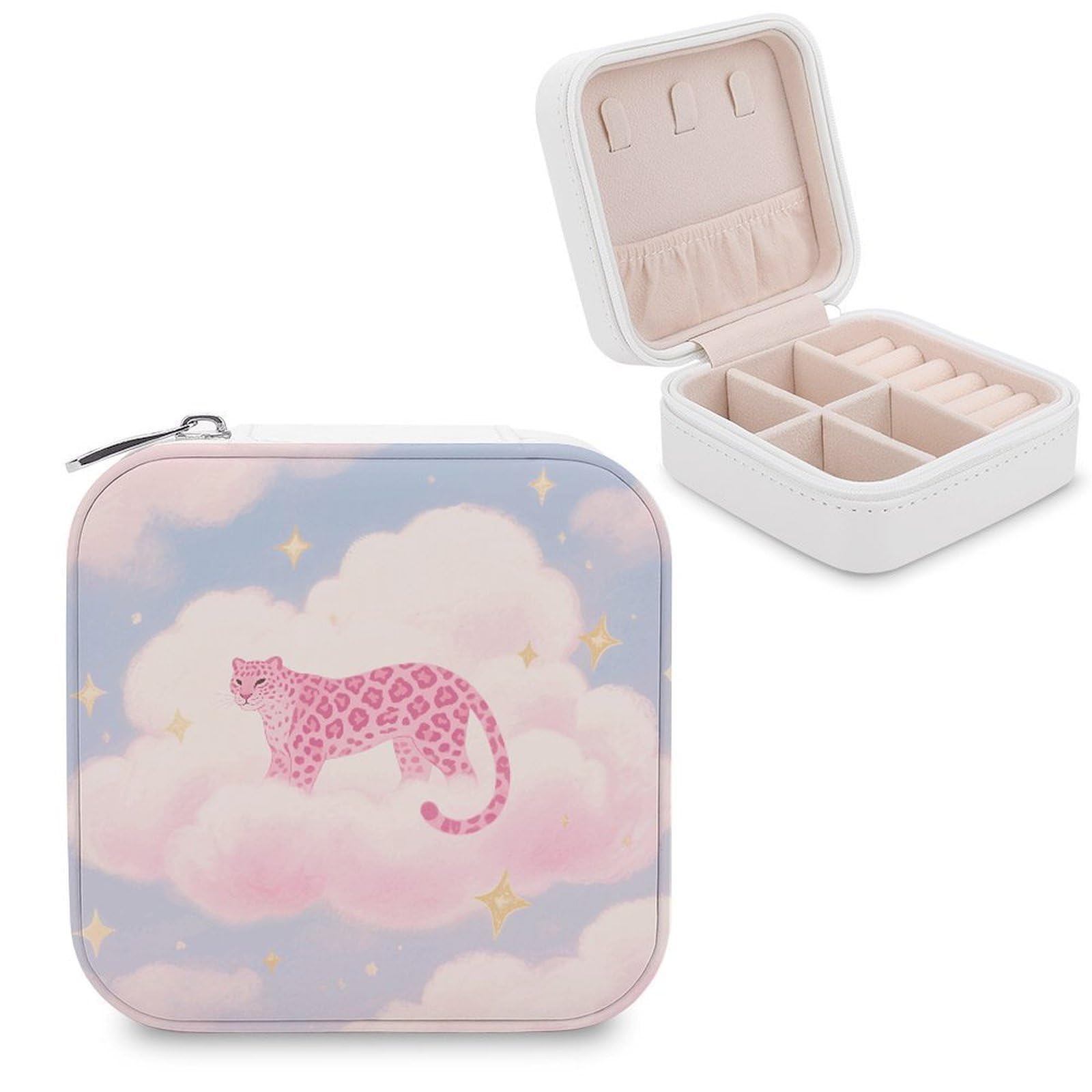 VstaDank Pink Leopard Jewelry Box for Women Jewelry Organizer Storage Case with Zipper Mini Travel Jewelry Case Cute Trinket Organizer Leather Portable Jewelry Storage Box