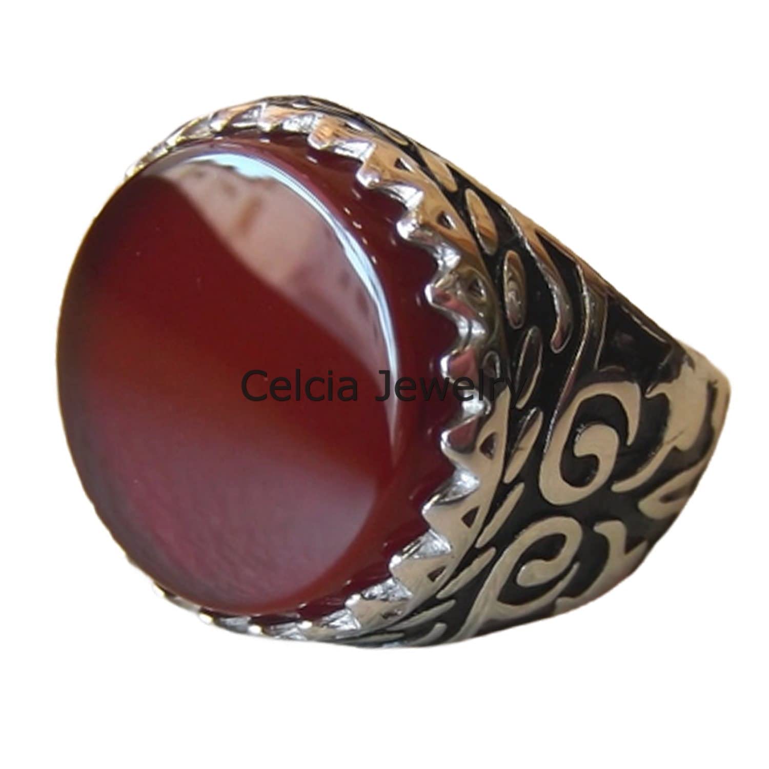 Natürlicher Karneol roter Edelstein runder Ring, massiver 925er Sterlingsilber, Hochzeitsgeschenkring, Siegelring, Versprechenserklärungsring, silberner Emaillering, Herrengeschenke (Karneol)
