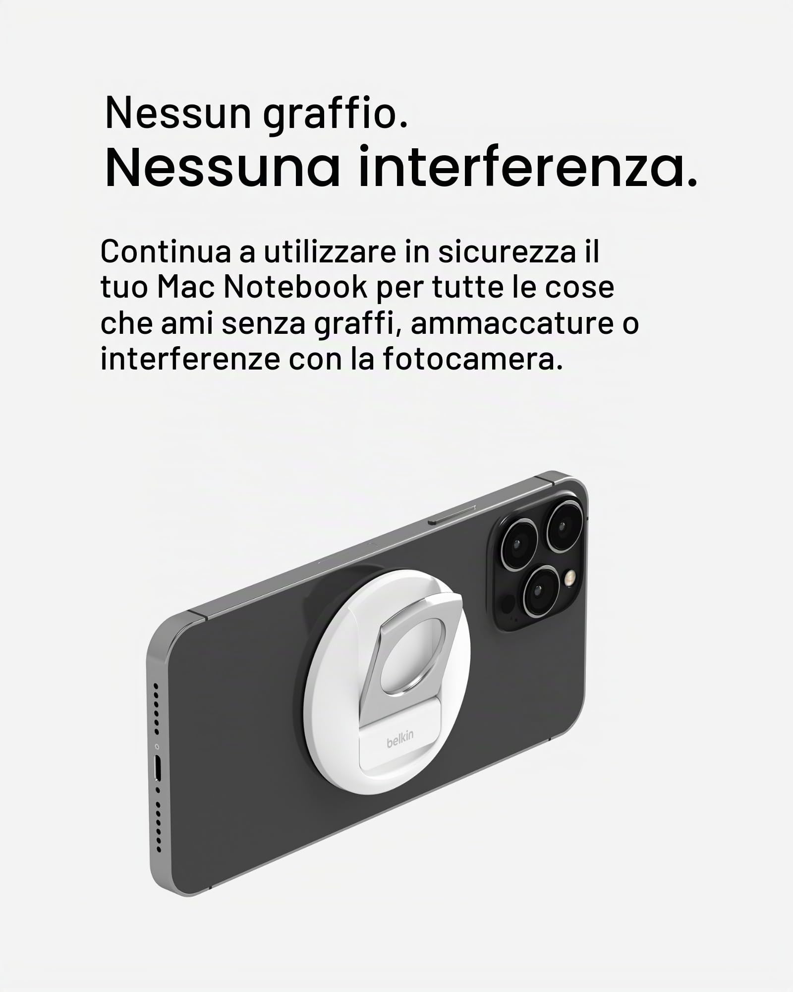 Belkin Supporto per iPhone con MagSafe per notebook Mac, iMac Pro, Studio Display, Pro Display XDR, iPhone 16, 15, 14, 13, 12 con aggancio/sgancio magnetico rapido per uso con Fotocamera Continuity