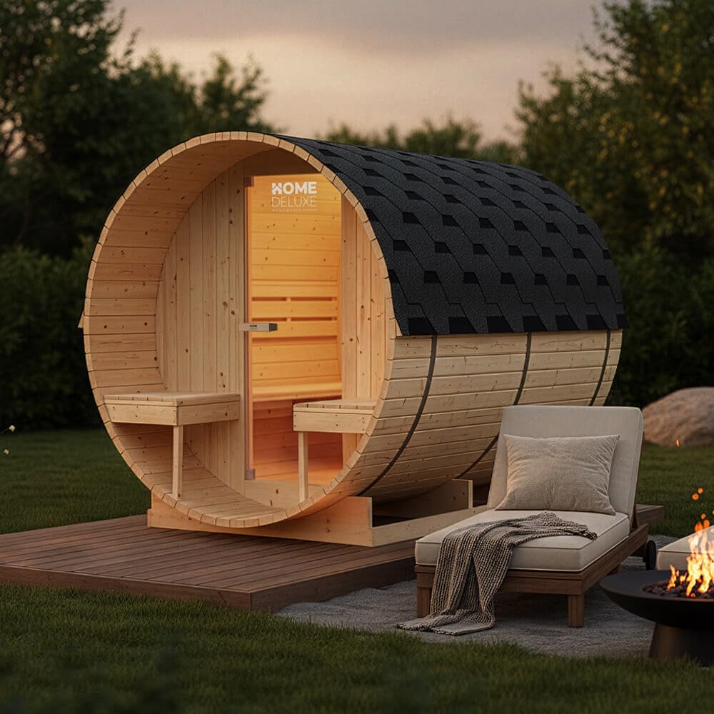 Home Deluxe - Sauna de Exterior de Barril Lahti Deluxe L - Dimensiones: Aprox. 195 cm x 192 cm x 220 cm, Madera: Madera de Abeto - Incl. Calefactor de Sauna y Accesorios de Sauna I Sauna de jardín,