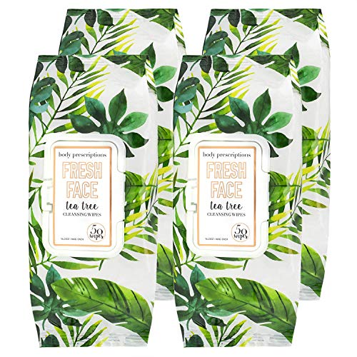 Body Prescriptions Tea Tree Facial Wipes, Moisturizing, Deep Cleansing Face Towelettes, Refreshing + Nourishing, Gentle Cleansing Cloths, 50 Count (Pack of 4), Fresh,Tea Tree