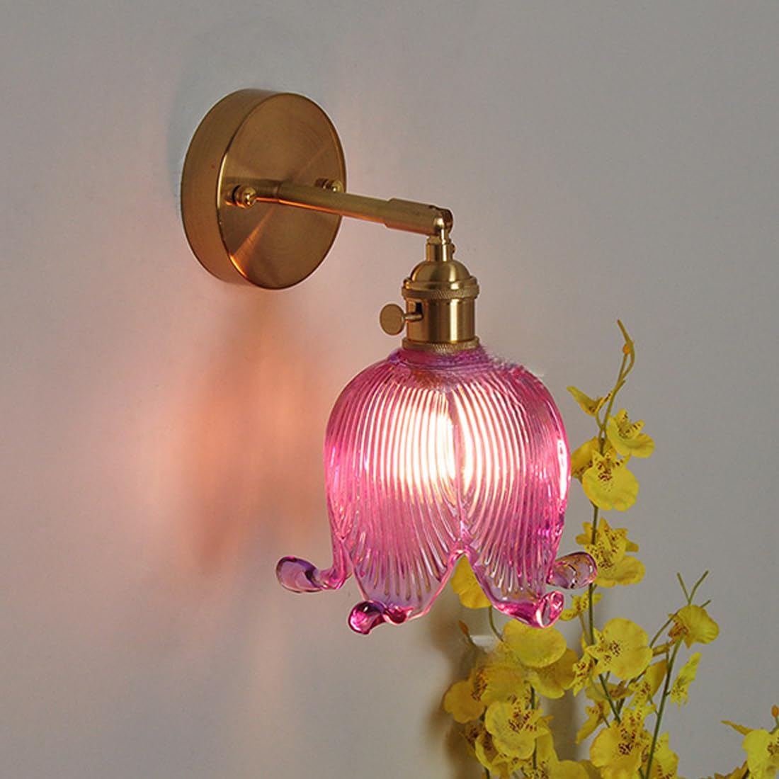 TCHAUSGZUS Vintage Wall Sconces Brass Glass Wall Light Amber Flower Glass Shade 180 Degree Adjustable Gold Vanity Light Fixture Small Wall Sconce Decor for Bedroom Bathroom Kitchen Hallway(Purple)
