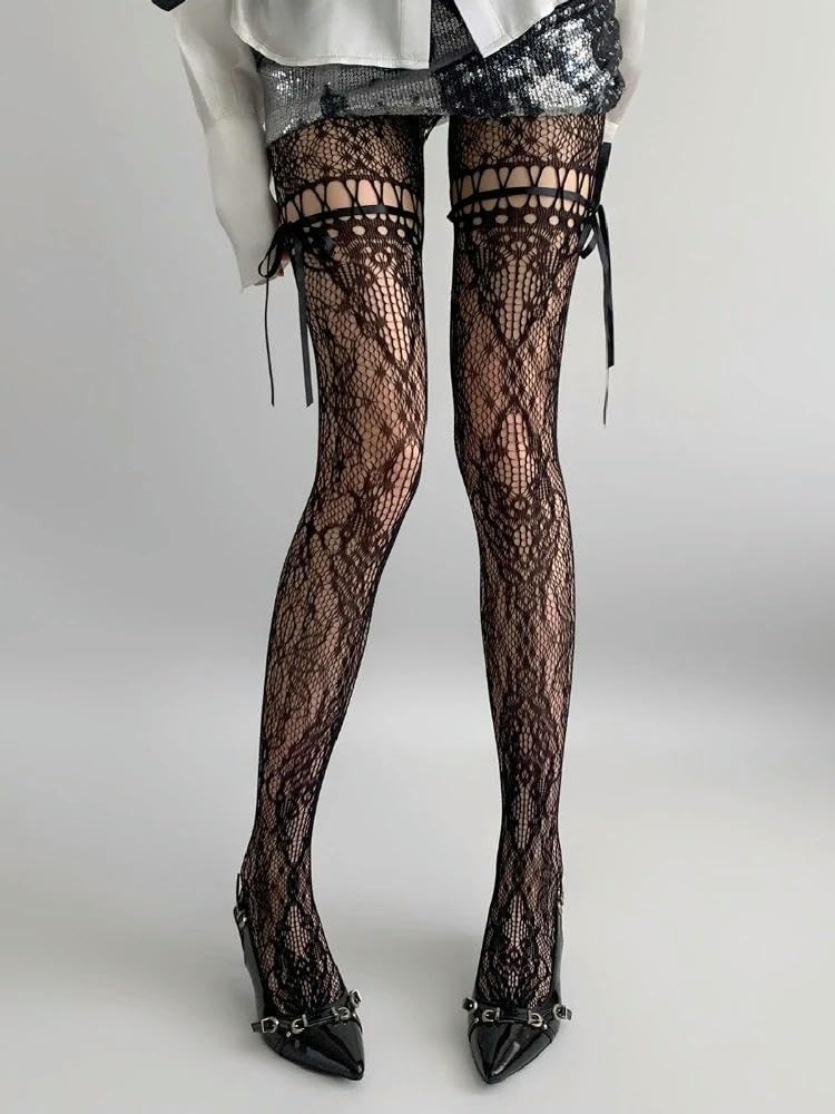 MEIFULLE 1PC Beige Tights Women Sexy See Through Mesh Lolita Fishnet Stockings JK Uniform Bow Tie Strap Lace Bottoming Pantyhose