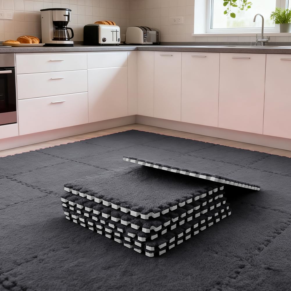 12 Stück Teppichboden Schaumstoffmatte, Plüsch Teppichfliesen, Ineinandergreifender Wohnzimmer Memory Foam Teppich (Schwarz)