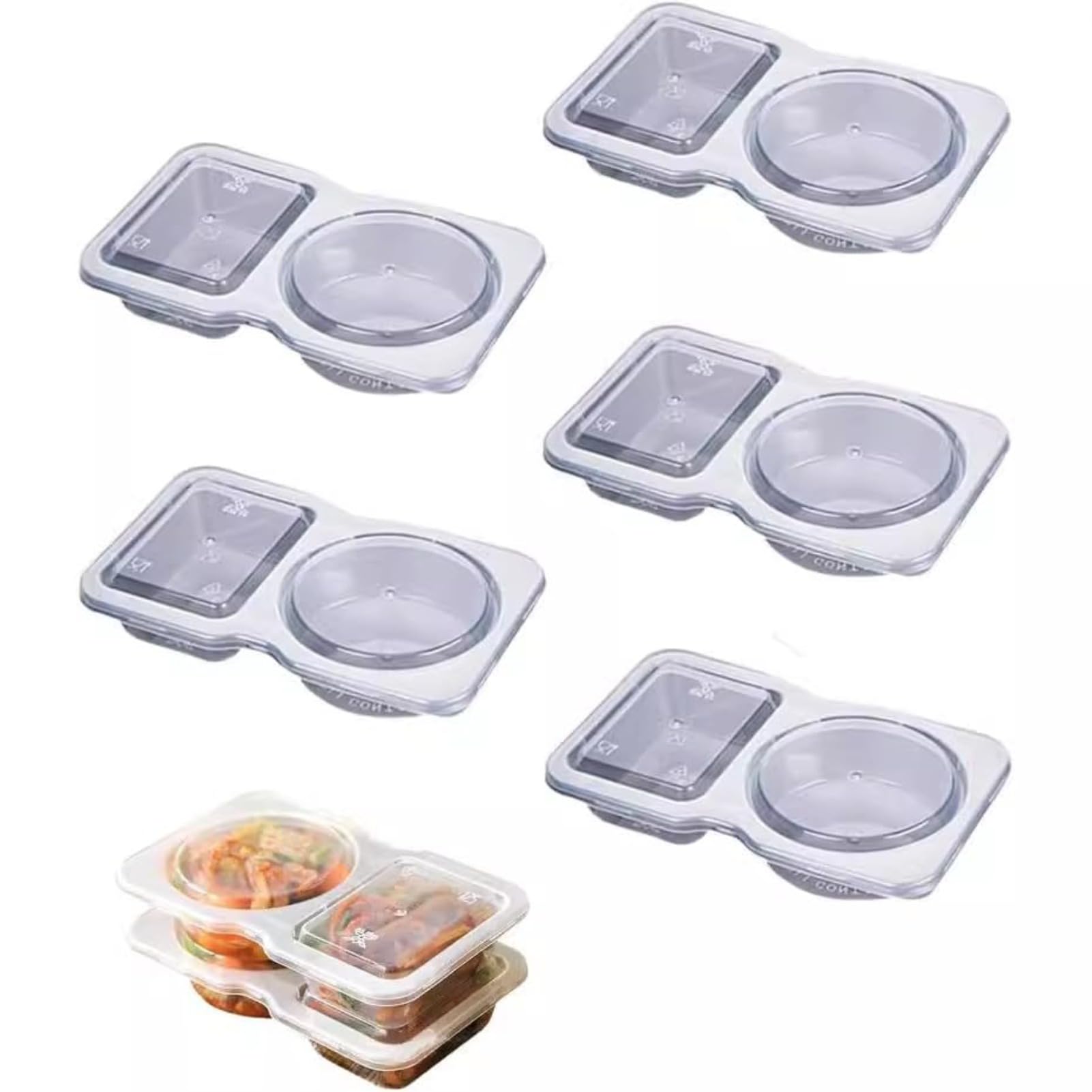 GnathicHOME Dual Compartment Sauce Containers with Lids Clear Plastic Dip Cups for Salad Dressing, Condiments Meal Prep and Takeaway (Transparent,5 pieces)