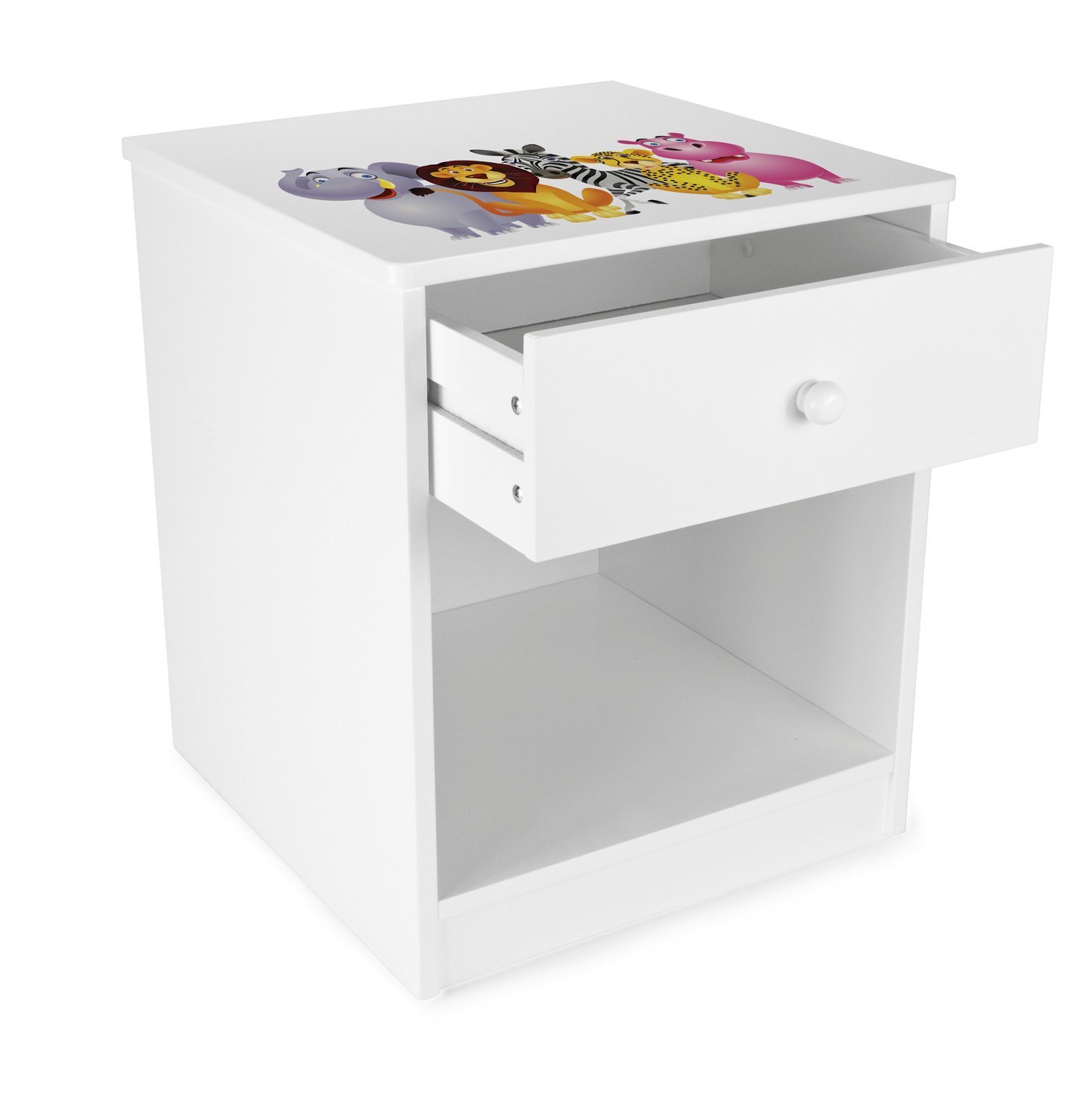 leomark comodino moderno in legno 40cm x 38cm x 42cm (A), con cassetto e scompartimento apertoin, comodino per bambini, mobili per la cameretta dei bambini con stampa colorata Animali