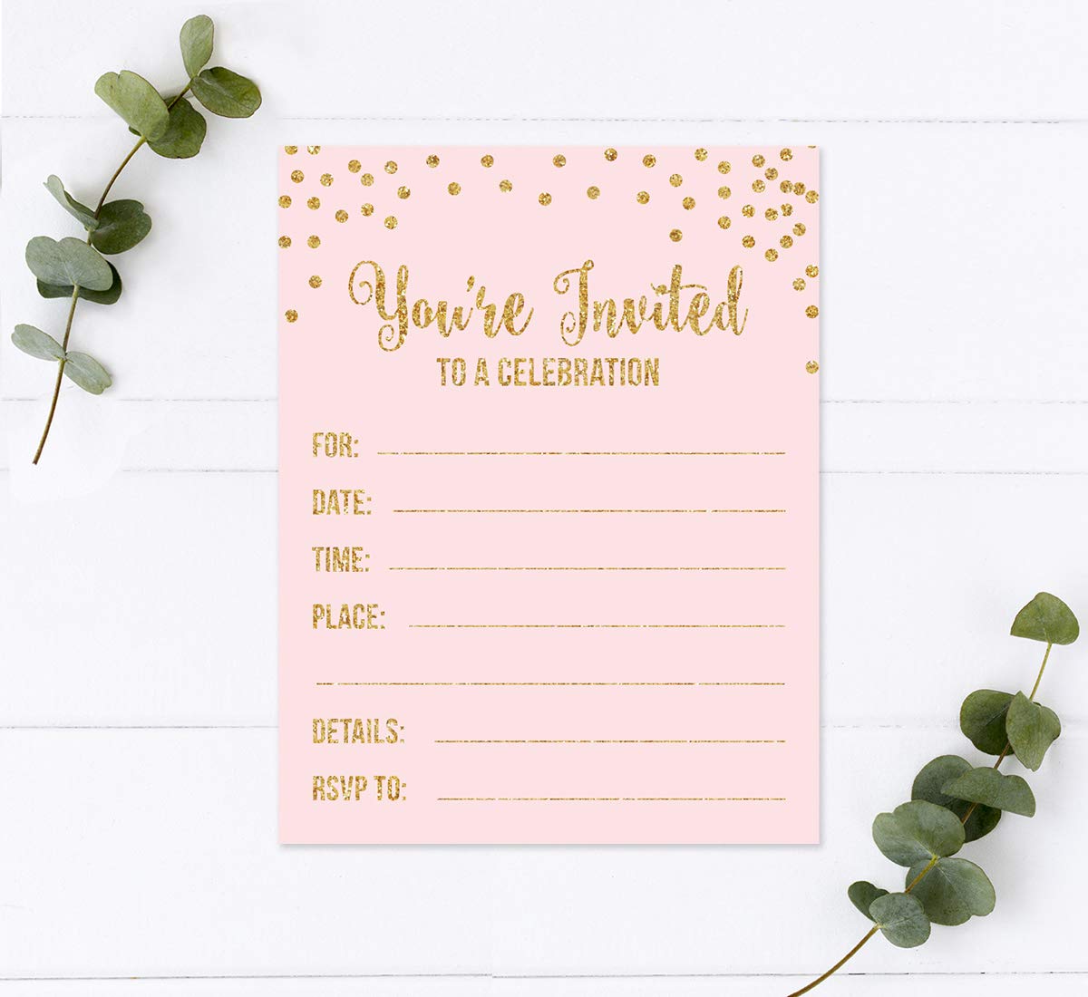 Andaz Press Blush Pink Gold Glitter Girl's 1st Birthday Party Collection, Blank Party Invitations with Envelopes, 20-Pack