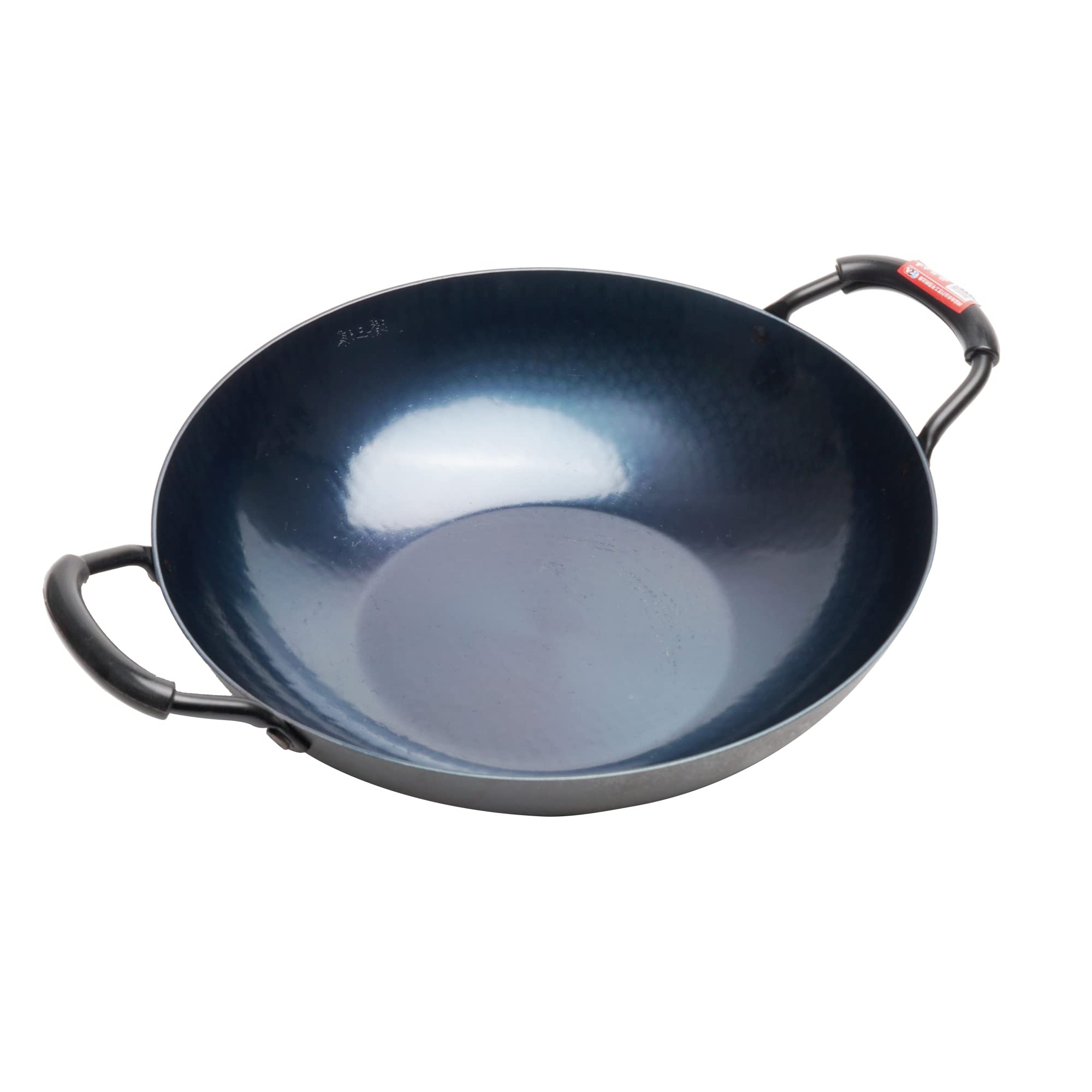 ZhenSanHuan Handgehämmerter Eisen-Wok mit flachem Boden, induktionsgeeignet, 32 cm im Durchmesser, Eisen-Wok mit zwei Haltegriffen aus Holz