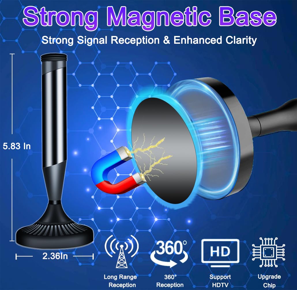 TV Aerial Indoor, Freeview Indoor Aerial for Smart Tv with Long Range, Tv Antenna Indoor with 360° Reception & Magnetic Base, Support VHF/UHF/DAB Radio/4K/1080P, Suit for All TVs(Black) — view 2
