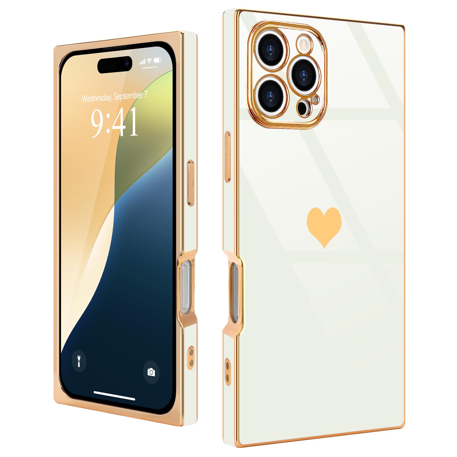 Urarssa for iPhone 16 Pro Max Case Rectangle for Women Girls Cute Love Heart Pattern Luxury Plating Gold Shockproof Raised Full Camera Lens Protection