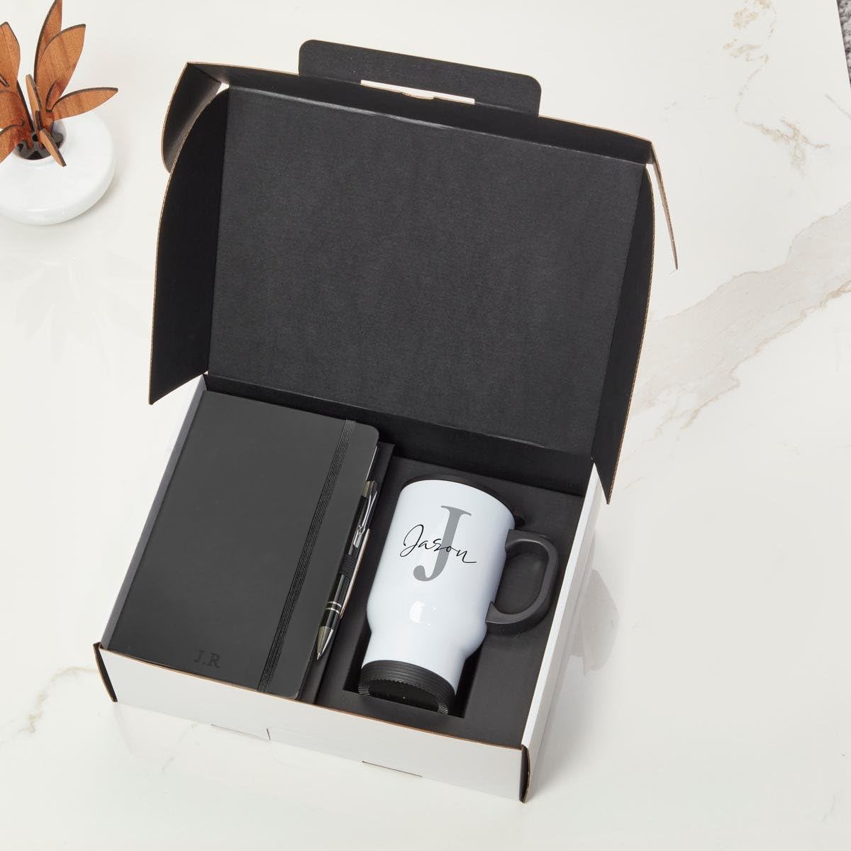 BGExpress Personalised Gift Set - Notebook, Pen & White Travel Mug Gift Set - Premium Business Gifts for Clients, Employees & Partners (Black) — image 1