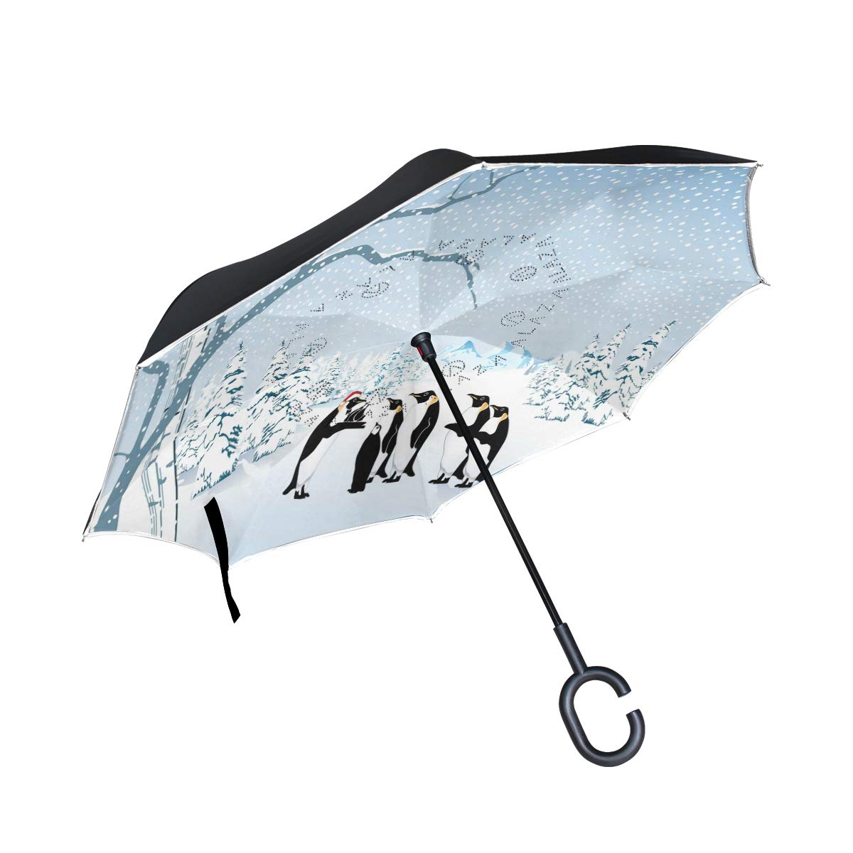 ISAOA Double Layer Reverse Folding Umbrella,Self Standing Free Hand Car Umbrella,Winter Scenery Penguin Christmas Windproof UV Protection Large Straight Umbrella