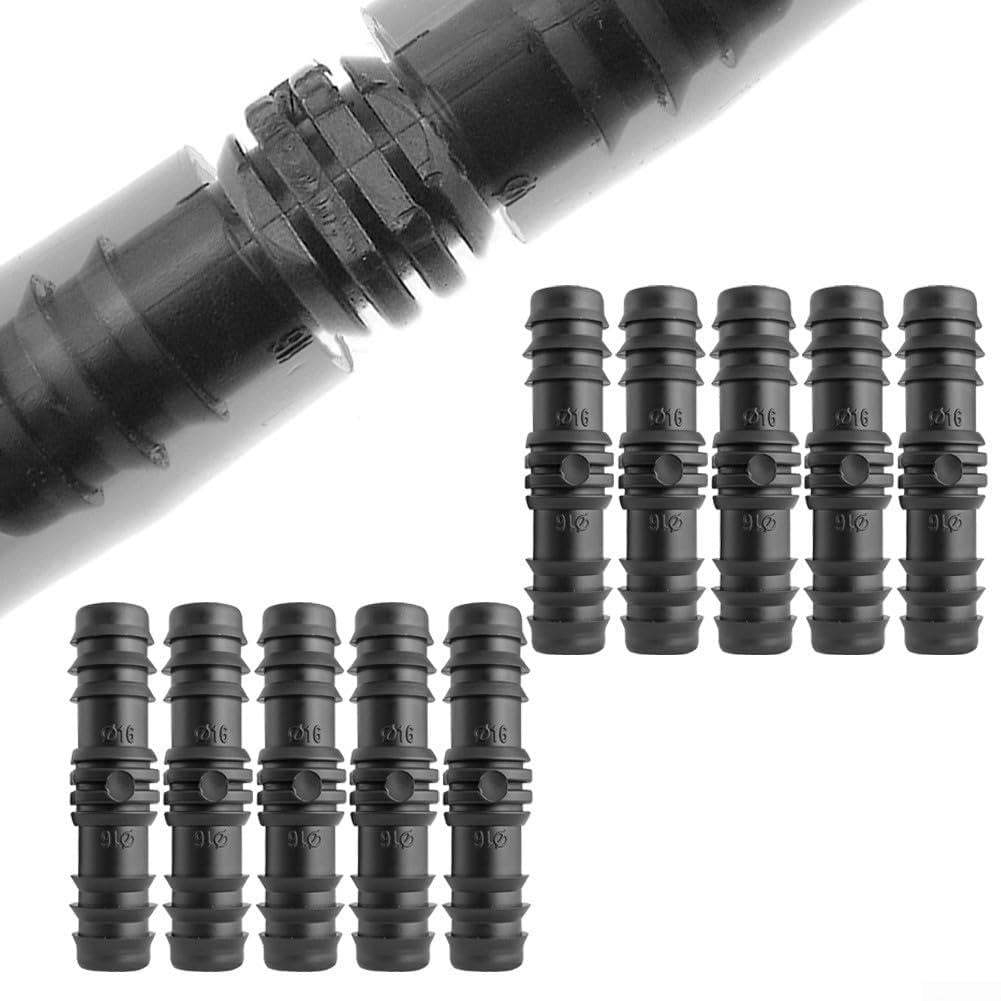 10 Pack Straight Connectors for 16mm Drip Irrigation - Barbed Hose Joiners & 16PE Microtube Fittings for Porous Hoses (Black)