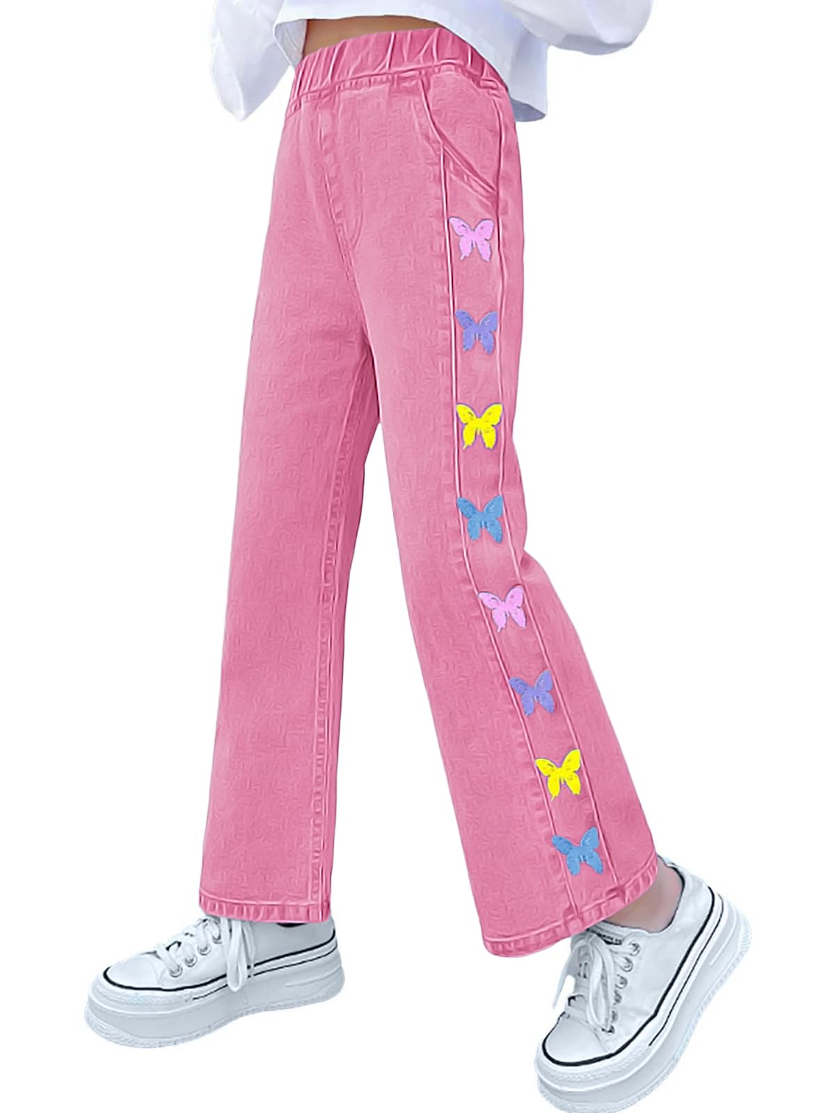 Haloumoning Jean pour fille - Imprimé papillon - Denim - Pantalon baggy - Jambes larges - Élastique - Streetwear avec poches