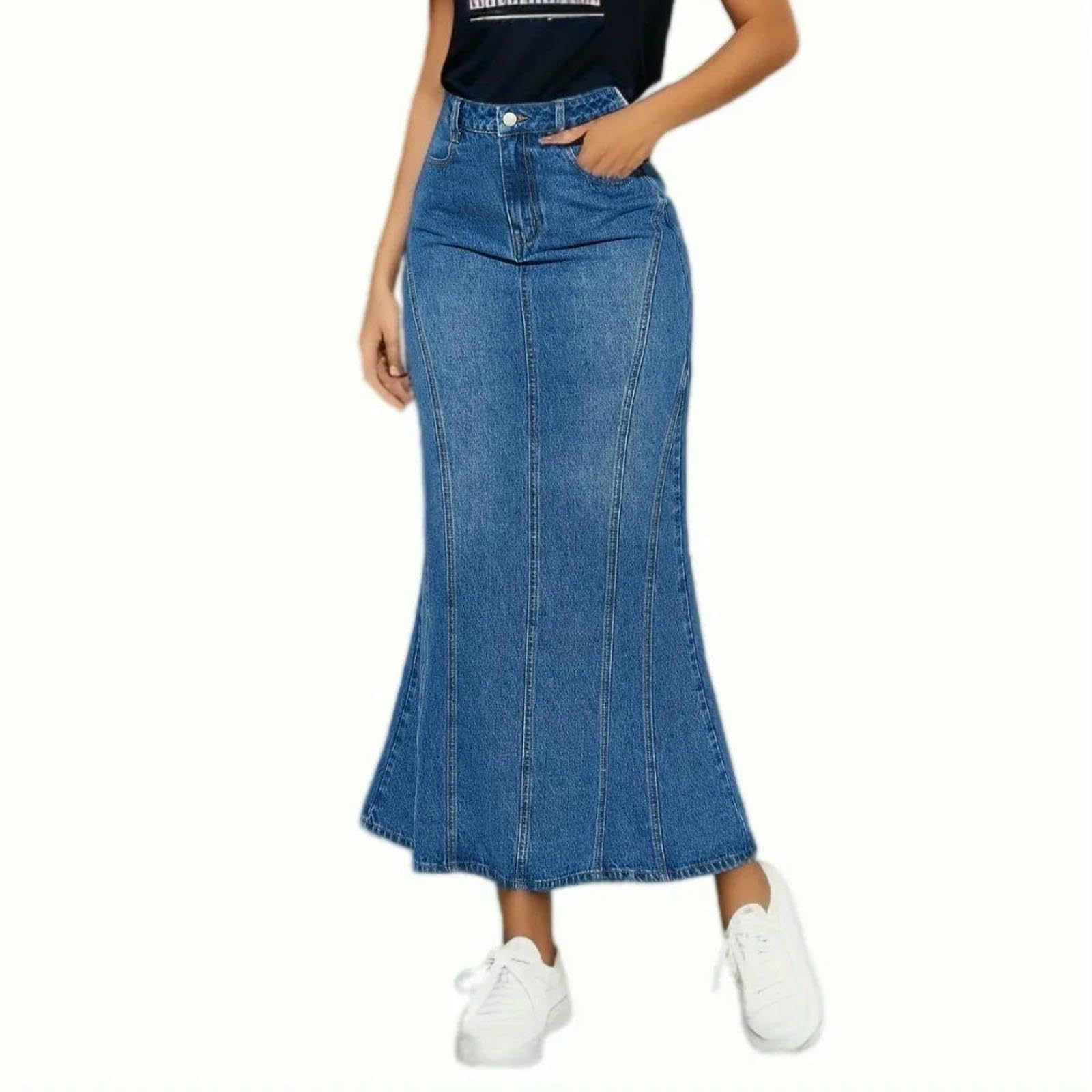 Długa spódnica damska wysoka talia rozkloszowana dżinsowa długość do kostek moda na co dzień spódnice slim, NIEBIESKI, XXL