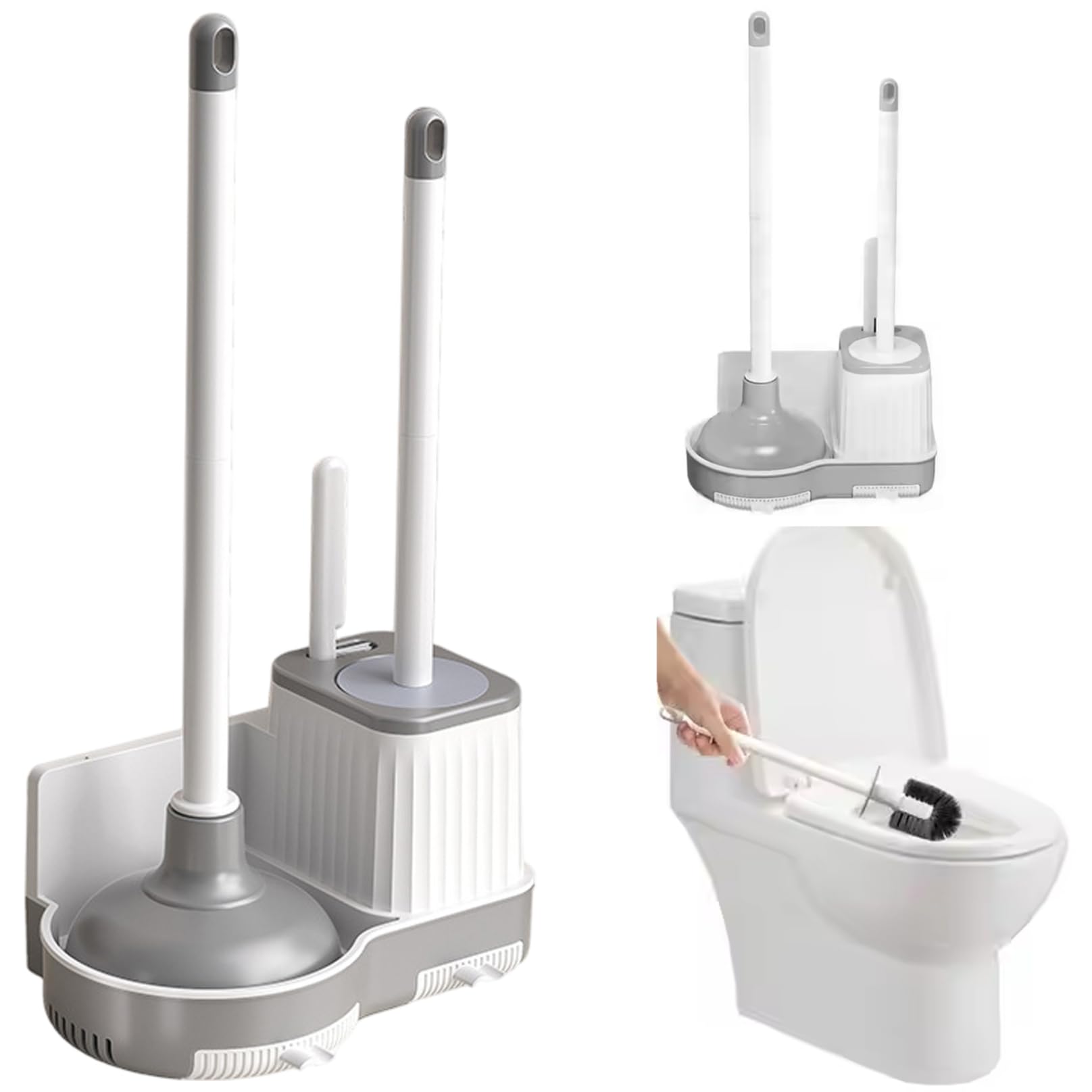 Ameble 3-in-1 Toilet Brush and Plunger Set with Crevice Cleaning Brush, Standing/Wall Mounted Holder, Bathroom Scrubber and Plunger Set with Holder, Space Saving
