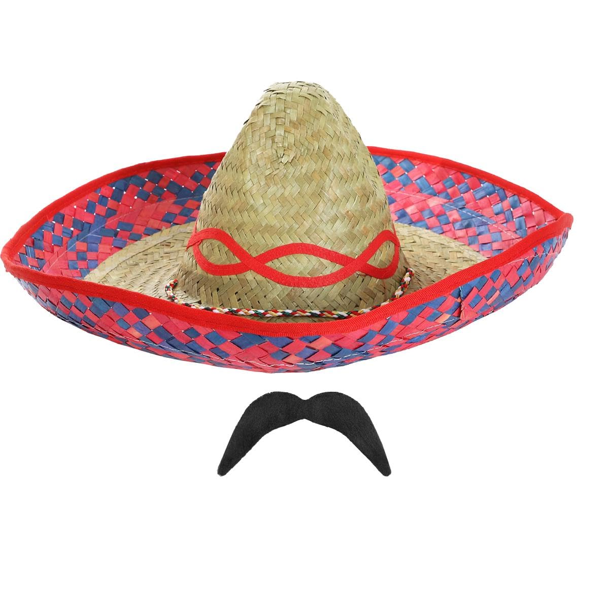 Mexican Sombrero and Tash Costume Set - Pack of 3 - Red Sombrero Straw Hat and Black Mexican Moustache - Mexico Party Fancy Dress Costume Accessory Set