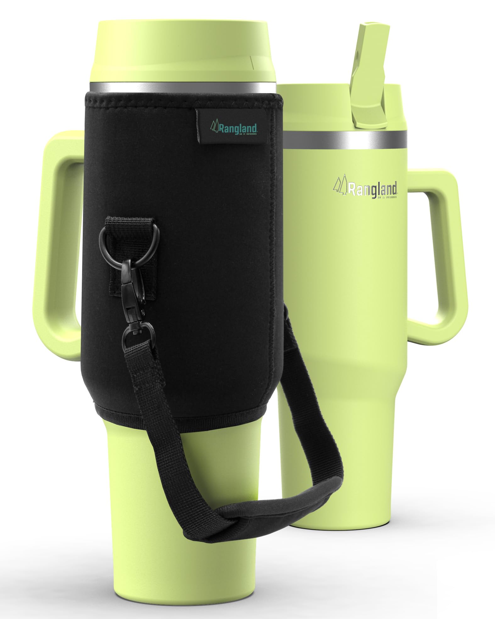RANGLAND40 oz Tumbler with Handle and Carrier Sleeve - Double Wall Insulated, Leakproof Straw Lid, Neoprene with Padded Strap (Lime Green)