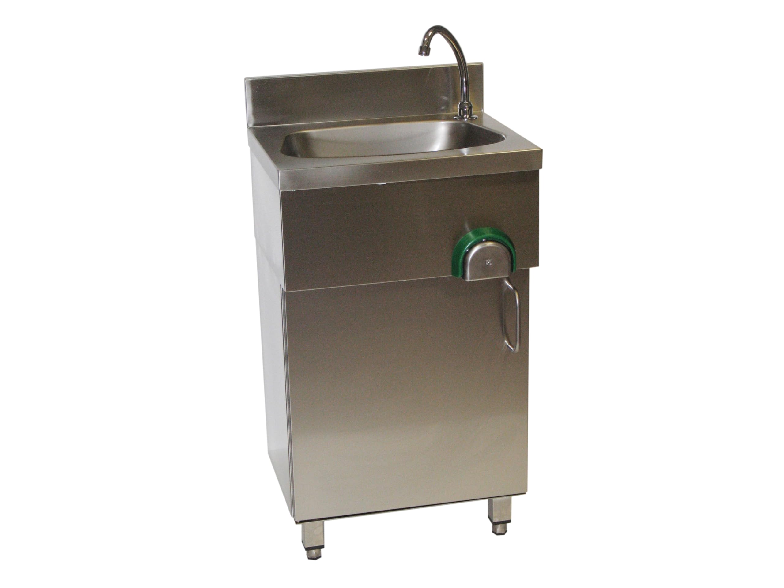Handwaschbecken 0080 aus Edelstahl mit Kniebedienung, zeitgesteuertem Wasserfluss und Unterschrank
