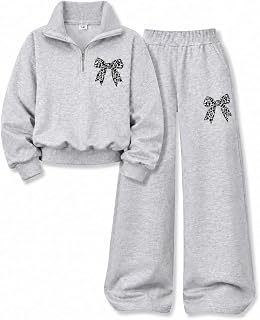Tween Girls Clothes Long Sleeve BowBow Zip-Up Sweatshirt + Wide Leg Pants 2 Piece Outfit Set, Size 7-16Years
