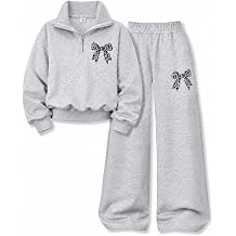 Tween Girls Clothes Long Sleeve BowBow Zip-Up Sweatshirt + Wide Leg Pants 2 Piece Outfit Set, Size 7-16Years