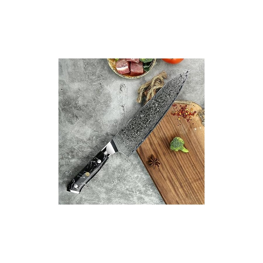 Seido Knives Takoizu 8" Gyuto Chef Knife - Black Damascus Steel with VG-10 Super Steel Blade and Strong Turquoise Black Handle