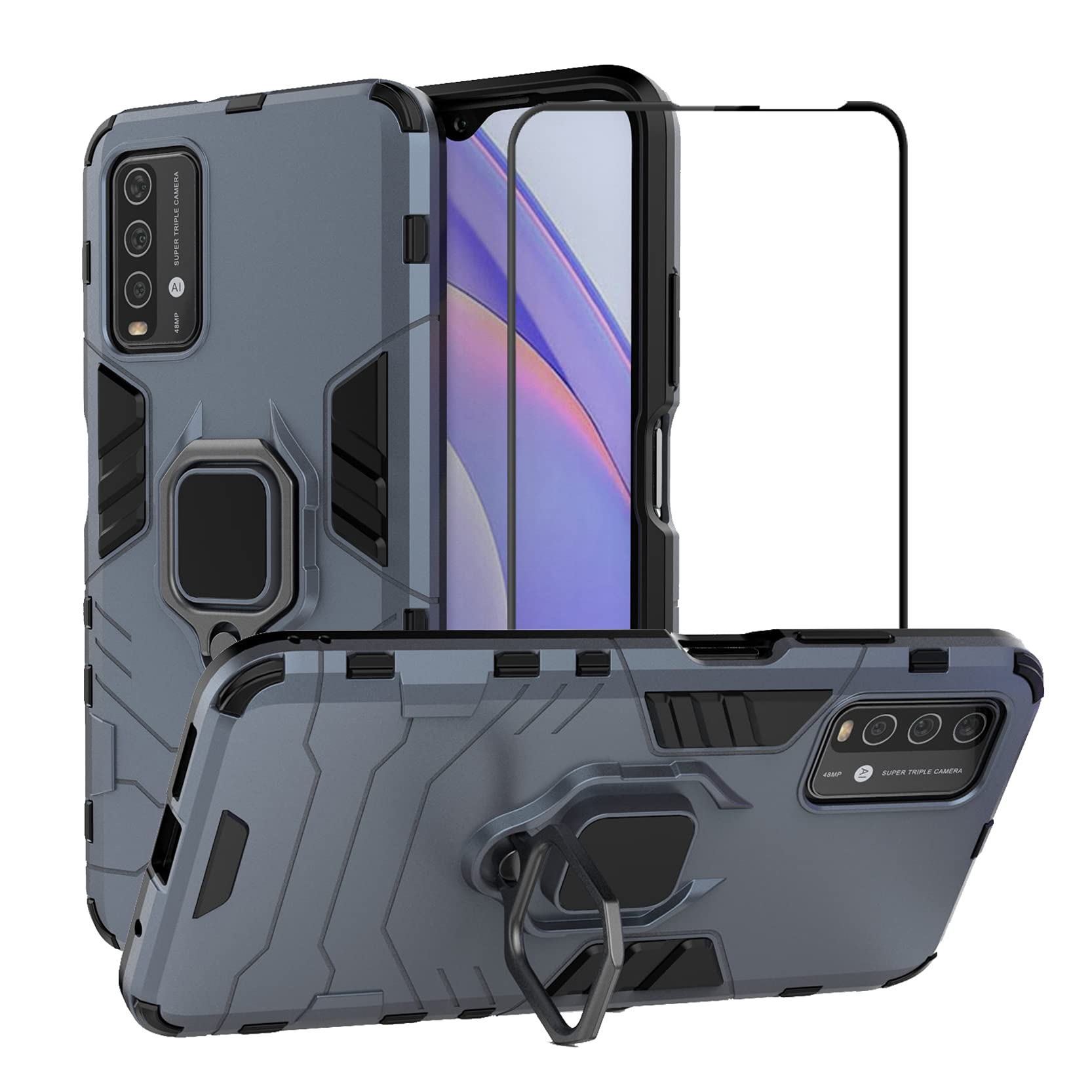 2ndSpring Case for Xiaomi Redmi 9T/Redmi Note 4G/Redmi POWER with  Tempered Glass Screen Protector,Hybrid Heavy Duty Protection Shockproof  Defender