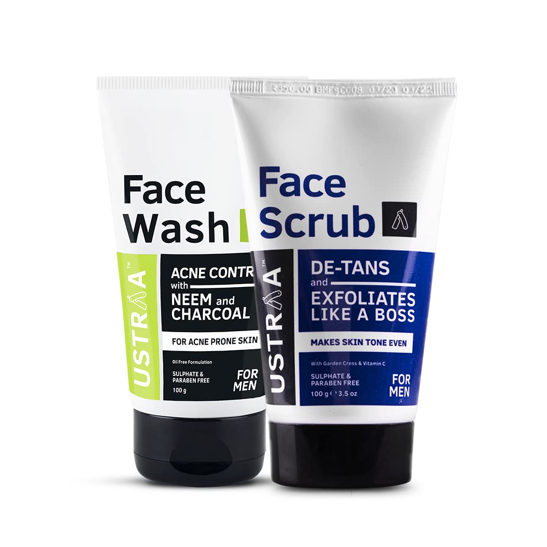 Ustraa Face Wash Neem & Charcoal – 100g and Face Scrub – De Tan – 100g