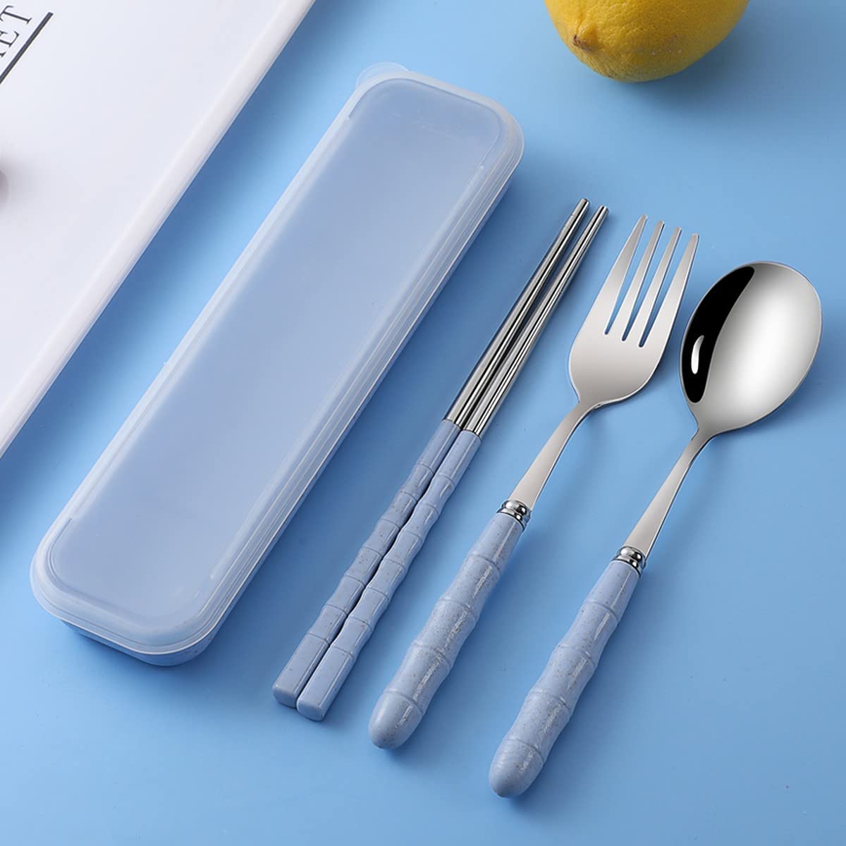 Home Cloud Premium Stainless Steel Cutlery Set of 3-Piece (Spoon, Fork, Chopsticks) Including Travel Spoon Box - Exquisite Portable Tableware for Customized Gifts (Blue)
