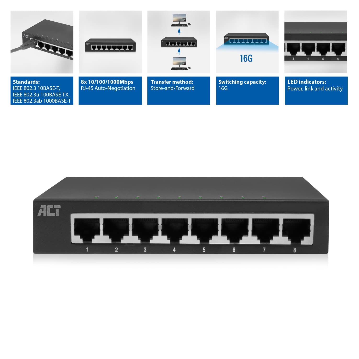 ACT Switch 8 porte, Gigabit Switch 8 porte, LED porta, switch LAN 1000 Mbps, alloggiamento in metallo - AC4418