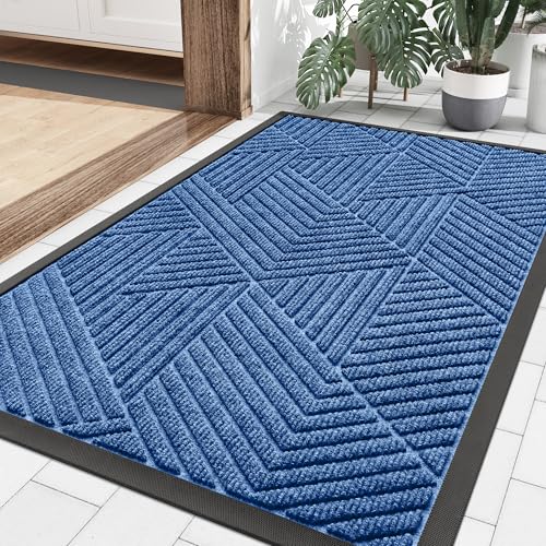 Smiry Front Door Mat Outside Entrance, Heavy Duty Sturdy Natural Rubber Doormat, Trap Dirt and Moisture, Easy Clean Low Profile Welcome Floor Mats for Indoor Outdoor Entry, 36x24 Inch, Blue