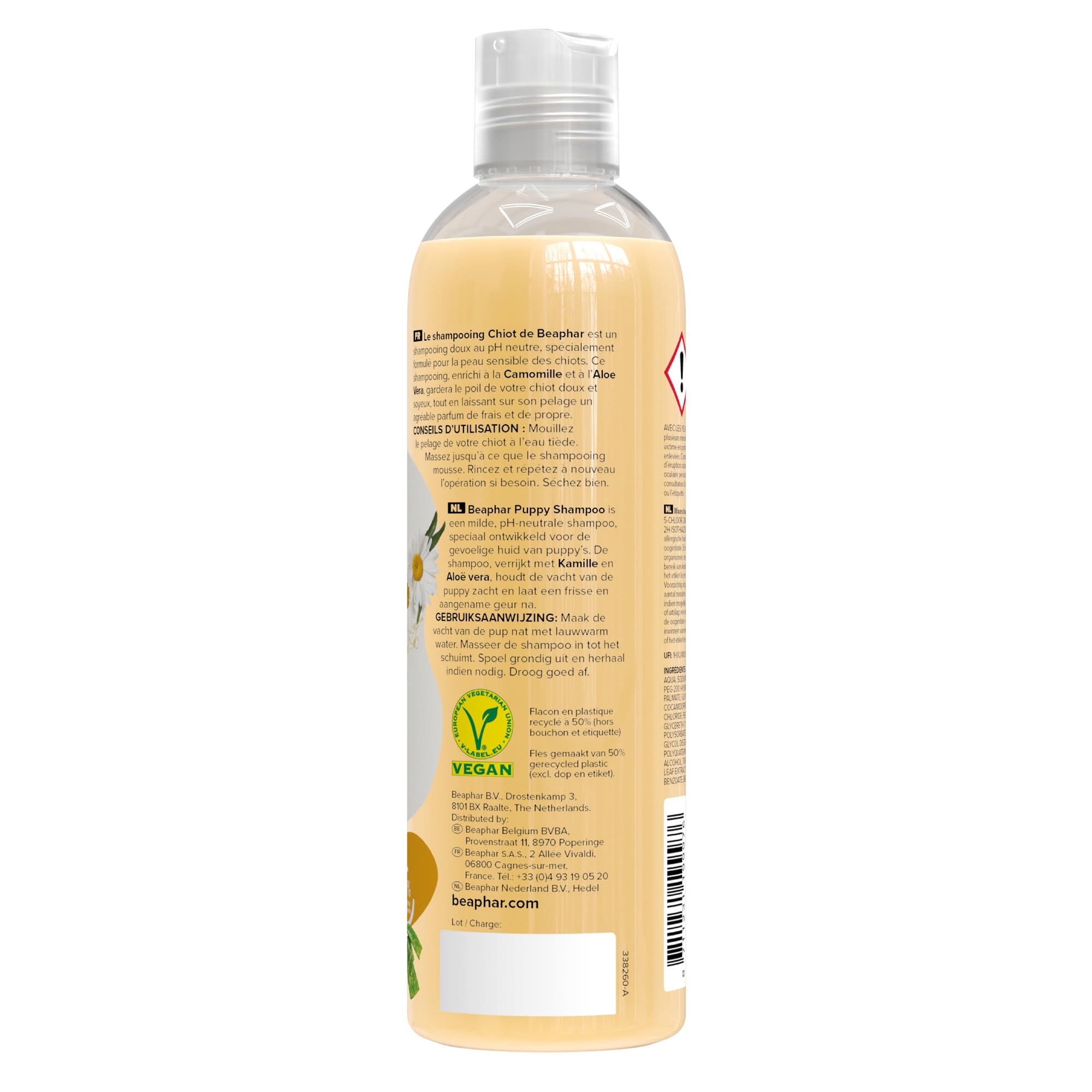 BEAPHAR – Shampooing Essentiel pour Chiot – Extra-Doux – Poil Doux – Contient de la Camomille et de l'Aloe Vera – sans parabène ni Silicone – pH Neutre – Produit Vegan – Prêt à l'emploi – 250 ML