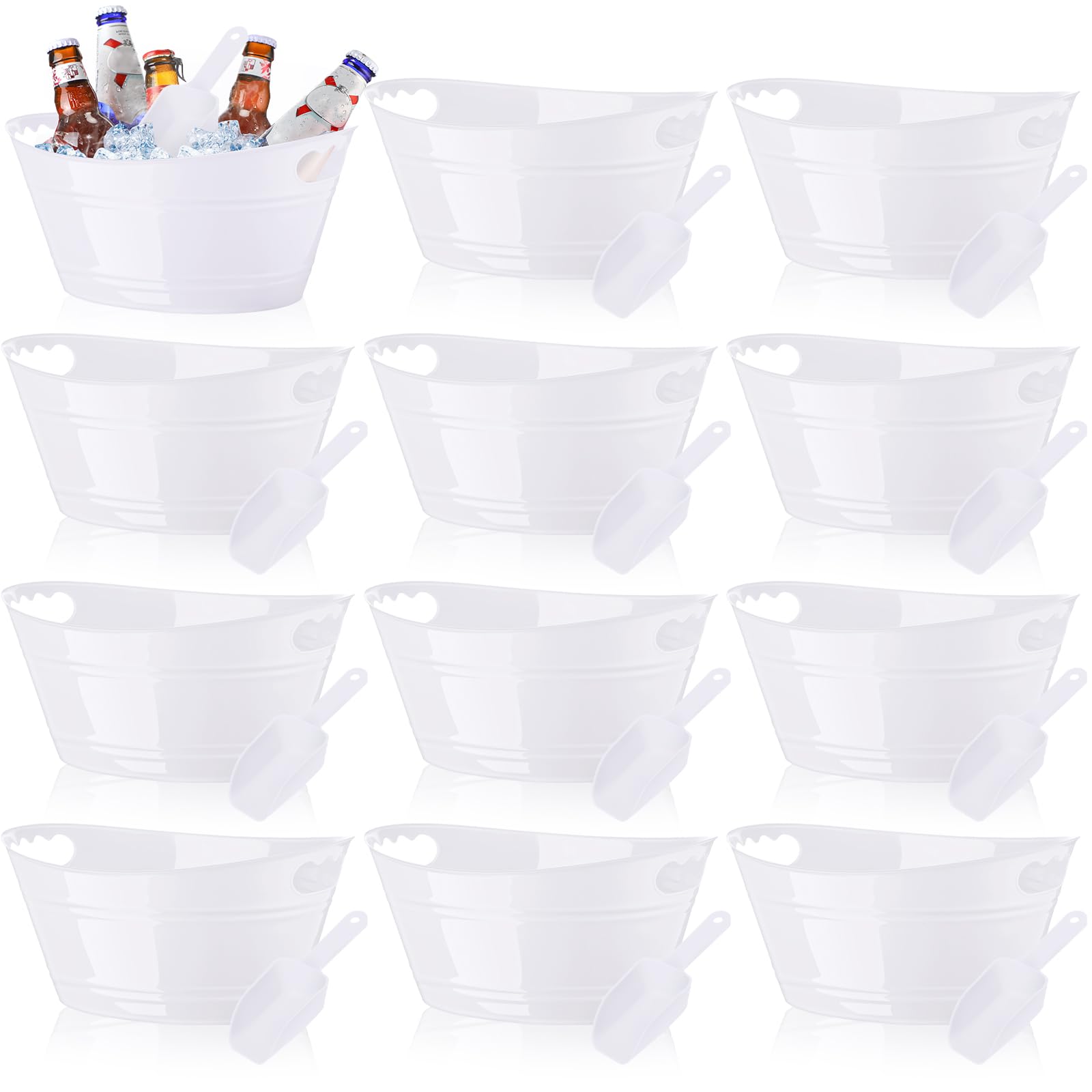 12 Packs Ice Buckets Bulk Plastic Oval Storage Tub with Handles Champagne Beverage Chiller Bucket with Ice Scoops for Cocktail Bar Party Wine Beer Bottle Cooler (White)