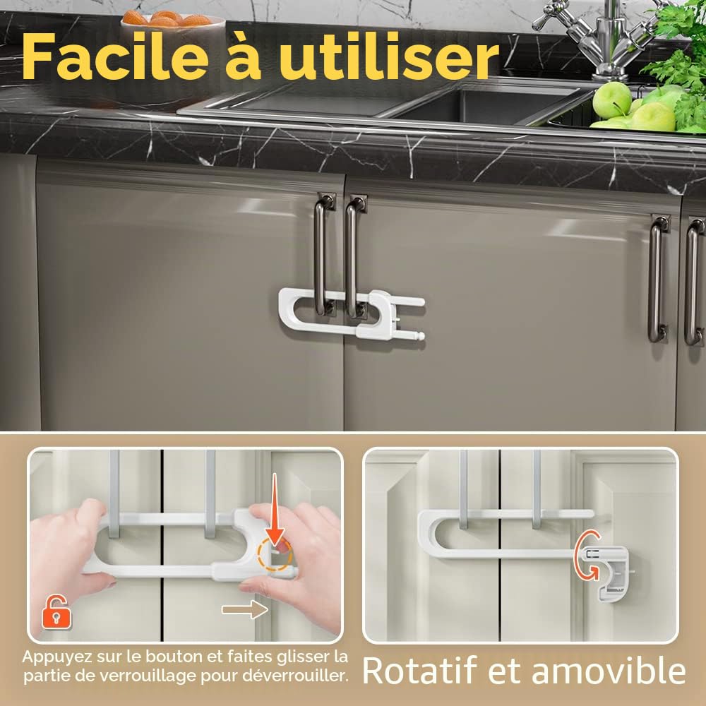 EUDEMON Lot de 3 Verrous de Sécurité pour Armoire en Forme de U, Verrou de Sécurité pour Bébé pour Tiroirs et Poignées de Placard, Commode, Cuisine, Rangement, Facile à Installer