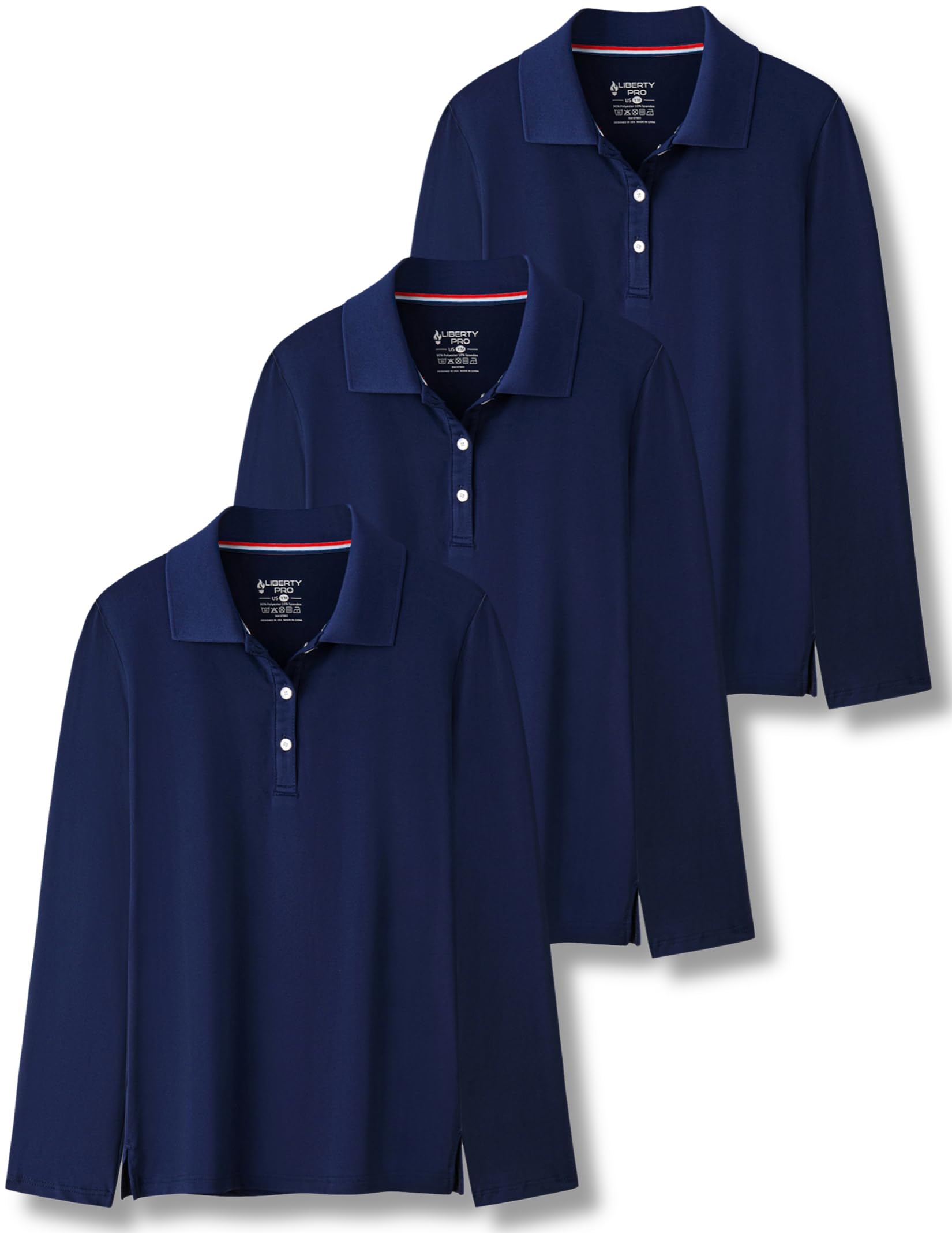 3 Pack Youth Girls' Performance Polo Shirts, Long Sleeve Pique Collared Kids School Uniform Tops Navy Medium