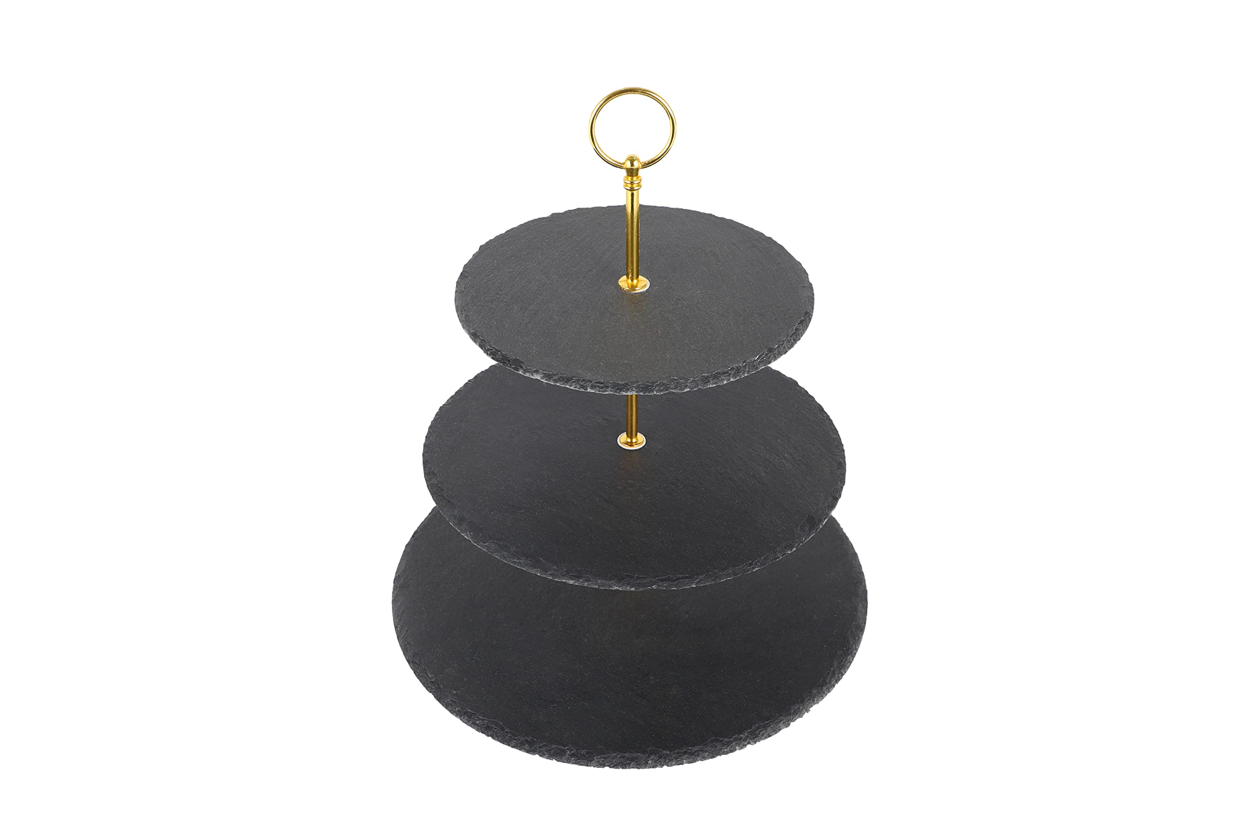 Echtwerk etagère/serveerplank voor gebak, fruit, kaas en dessert met 2 niveaus van natuurlijke leisteen en beugelgreep, zilver-editie, leisteenplaten ca. 25/30 cm