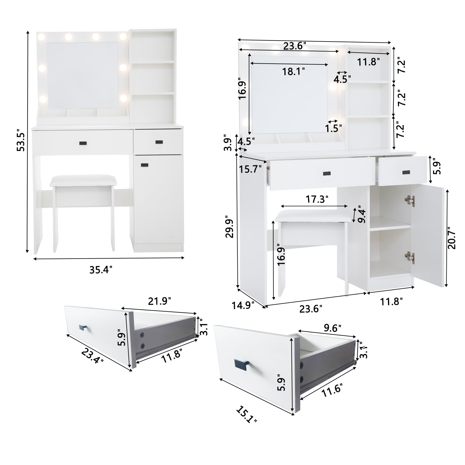 aphrophina Stylish and Functional Vanity Desk with Adjustable LED Mirror, Large Storage, and Modern Design for Bedroom, White