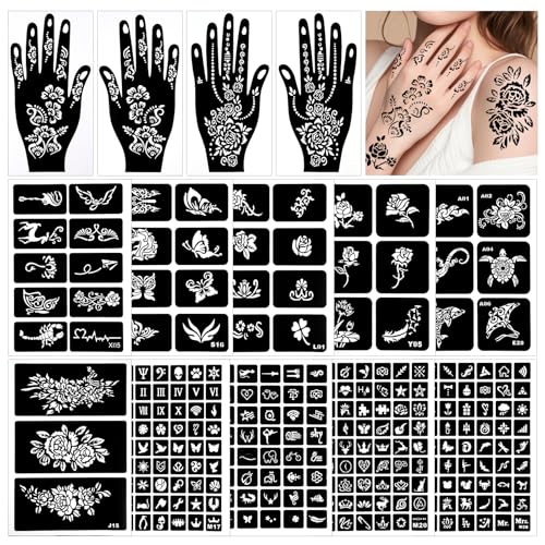 247 Stück Tattoo Schablone Kit,14 Blätter Henna Schablonen,Wiederverwendbare Temporäre Tattoo Schablonen,Indischer Arabischer Hände Hand Tattoo Tempel Aufkleber,für Frauen Finger Körper