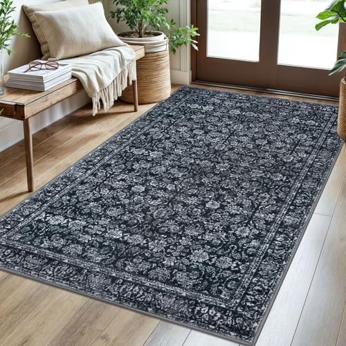 3x5 Area Rug Black Navy Blue Washable Soft Distressed Floral Rugs, Non-Slip Low-Pile Vintage Neutral Carpet for Entryway Nursery Bedroom Dining Dorm Living Room
