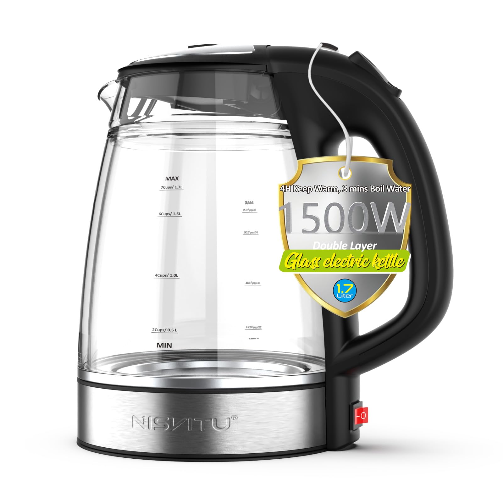 Glass & Stainless Steel Cordless Electric kettle for boiling water, Hot water boiler Electric Tea Kettle automatic shut off Boil-Dry Protection, PC Outer + Glass Inner, 1500W, 1.7L, BK